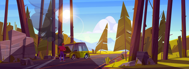 汽车在路上抛锚了，司机站在引擎盖旁图片下载