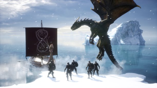 无畏的维京人在他们的龙卡旁边与龙战斗。维京战舰在冬天的情况下。三维渲染图片下载