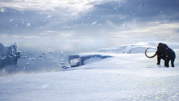 一只巨大的猛犸象正沿着积雪覆盖的冰川行走。冬季自然条件下巨大的高冰川。北极冬季景观。3 d渲染。图片下载