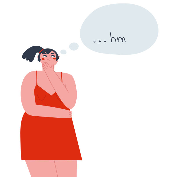 一个穿着红色连衣裙的深思熟虑的女孩抬起头来图片下载