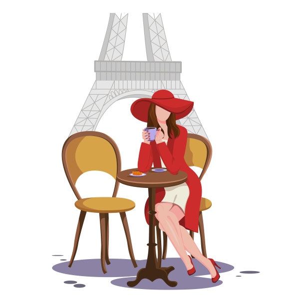 巴黎街头咖啡馆里的黑发女孩图片下载