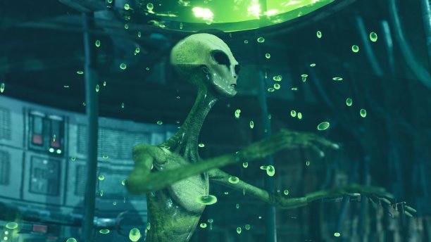 在未来的实验室里，一个外星人漂浮在一个特殊的玻璃鱼缸里，里面的绿色液体汩汩作响。这张照片非常适合科幻或太空旅行。外星人和实验室的概念。三维渲染图片下载