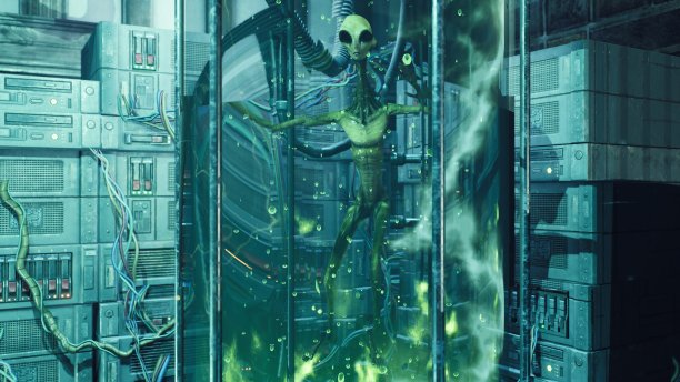 在未来的实验室里，一个外星人漂浮在一个特殊的玻璃鱼缸里，里面的绿色液体汩汩作响。这张照片非常适合科幻或太空旅行。外星人和实验室的概念。三维渲染图片下载