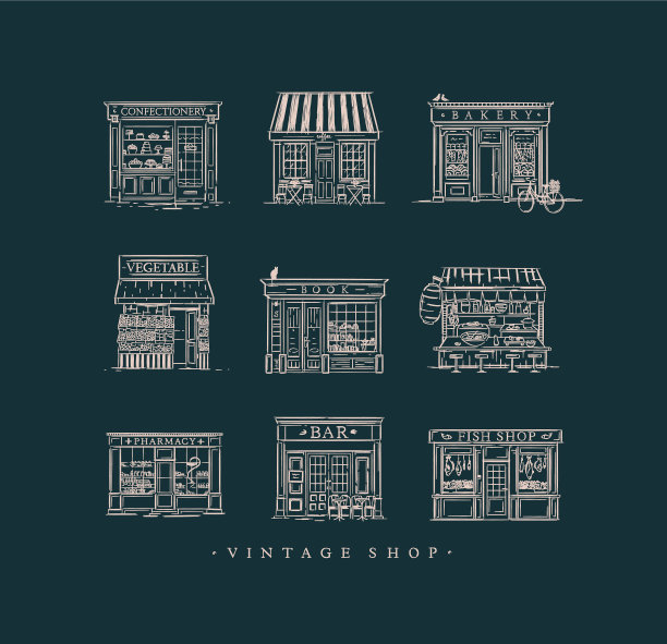 设置复古咖啡馆和商店深蓝色图片下载