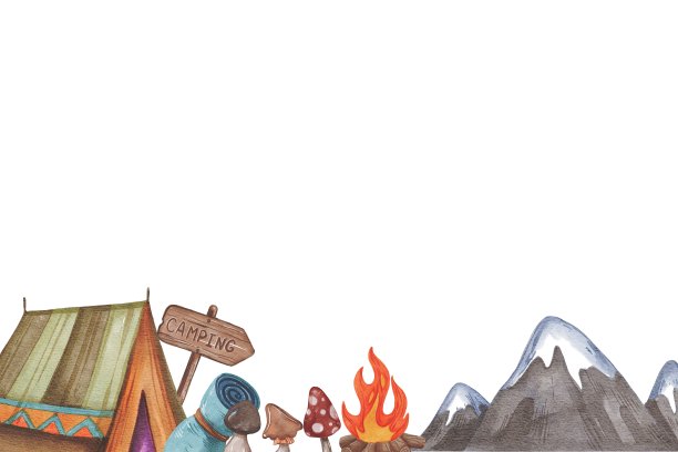 手绘水彩抽象露营海报横框复制空间。用于海报，印刷，卡片，明信片，传单，横幅，广告，邀请，模板，婚礼，派对图片下载