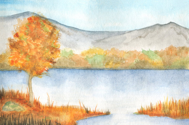 自然,水彩风景。湖边的森林，野餐，旅行。秋天的色彩，森林，树木，橙色的树叶。水彩，插图，装饰，手，画，剪贴画，隔离在白色，背景，完美的卡片，海报，邀请。图片下载