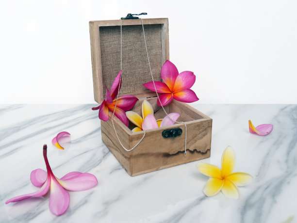 一面旗帜或墙纸，上面点缀着温泉疗养地的花朵，配上一个木制的盒子，单独放在白色大理石上。图片下载