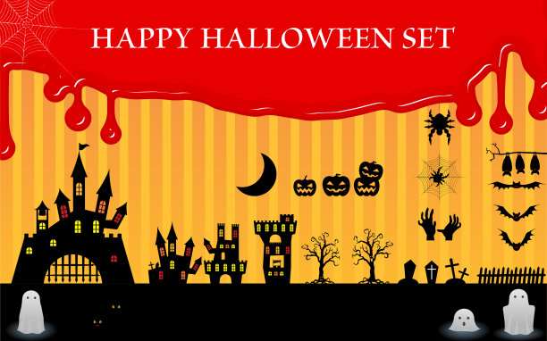 万圣节股票集，城堡和墓地，蝙蝠和鬼魂，血胶背景图片下载
