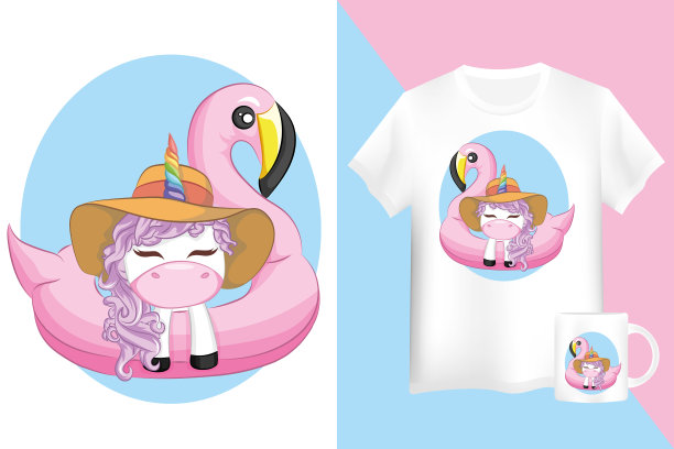 可爱的独角兽模型漂浮在粉红色的火烈鸟上图片下载