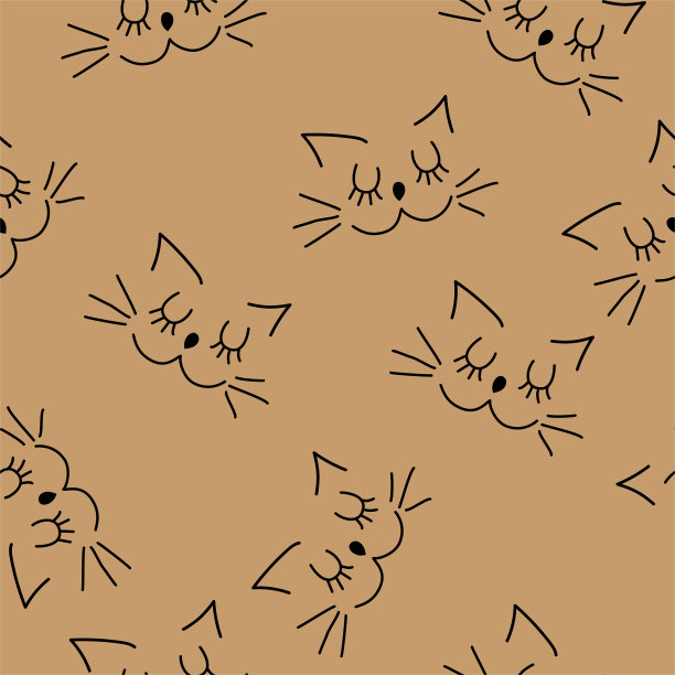 向量。孩子们的背景。儿童的绘画是线性的。由手绘的猫脸组成的无缝图案。以涂鸦风格画动物。宠物的轮廓图像。图片下载