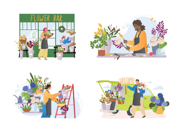 四个不同场景的花匠在图片下载