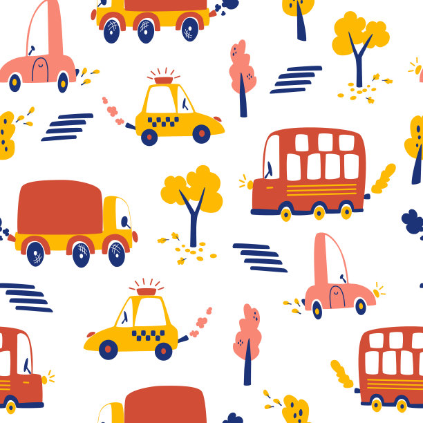 无缝图案与手绘轿车观光巴士图片下载