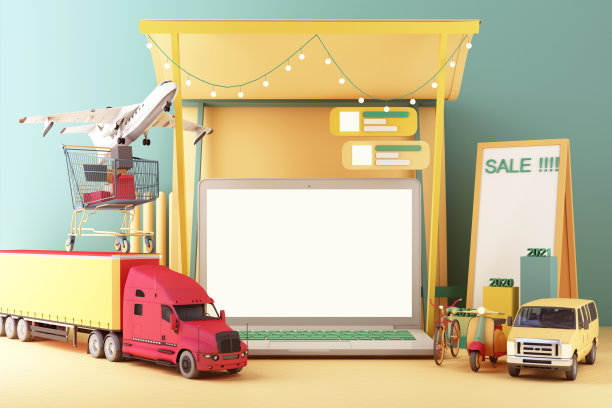 笔记本电脑屏幕在线送货自行车和送货货车与箱子。互联网航运网站横幅与运输和物流数字购物广告概念的黄色和绿色柔和的颜色。三维渲染图片下载