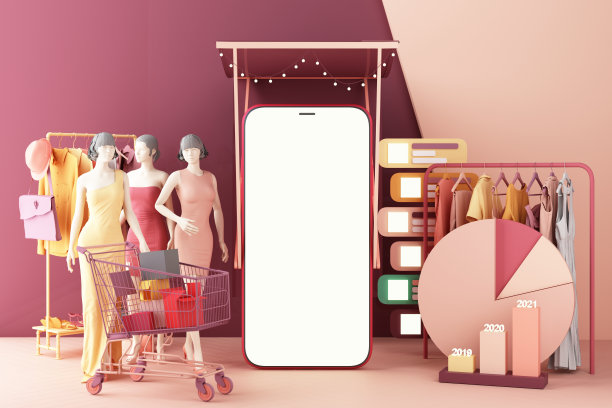 3d智能手机屏幕上的购物袋，聊天信息，购物车上粉色粉彩3d渲染图片下载