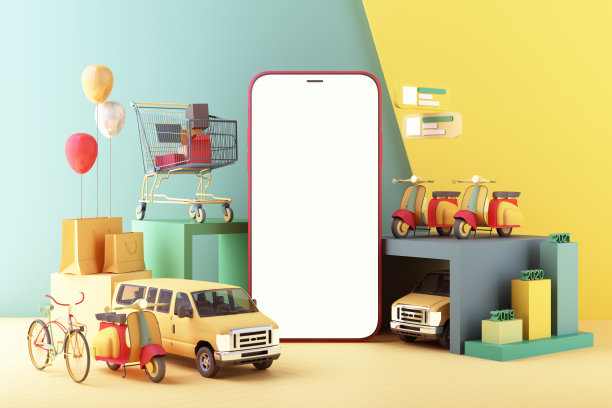 手机屏幕上在线送货自行车和送货货车与箱子。互联网航运网站横幅与运输和物流数字购物广告概念的黄色和绿色柔和的颜色。三维渲染图片下载