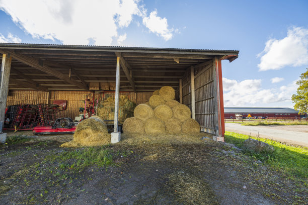 冬天收割的卷干草的美丽景色。畜牧业的概念。图片下载