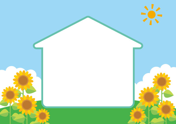 房子形状的框架与向日葵和蓝天景观图片下载
