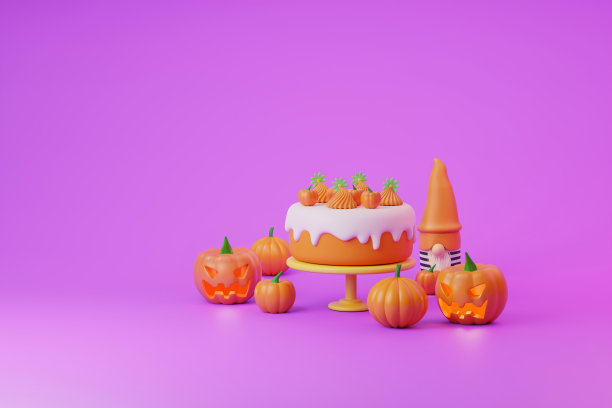 万圣节蛋糕与南瓜和可爱的侏儒紫色背景3d插图图片下载