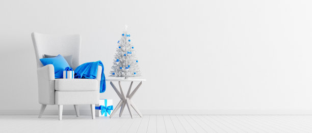 白色圣诞房间室内设计与杉树3d渲染图片下载