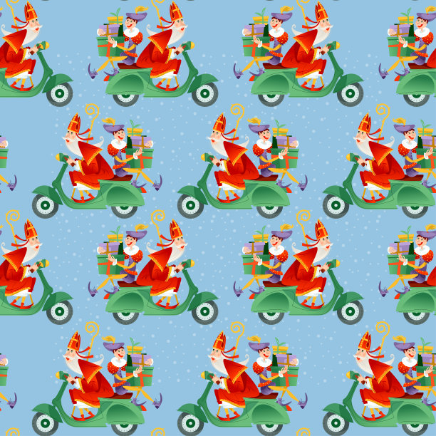 圣诞节在荷兰。圣诞老人和他的助手在摩托车上送礼物。无缝的背景图案图片下载