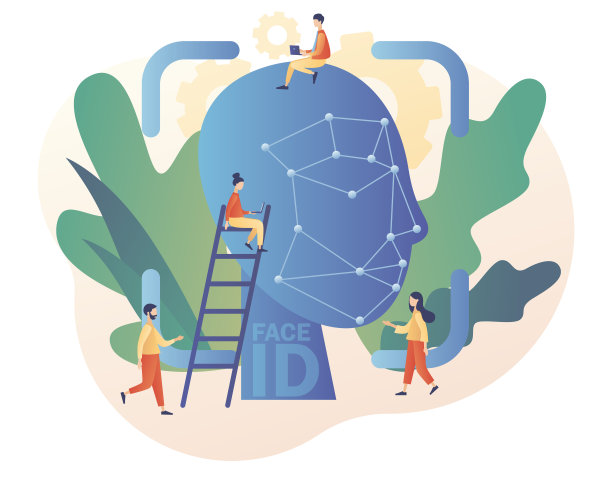 小人扫描脸。用激光识别人脸。数据安全。生物识别系统。现代扁平卡通风格。矢量插图上的白色背景图片下载