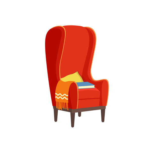红色扶手椅，毯子和一本书。图片下载