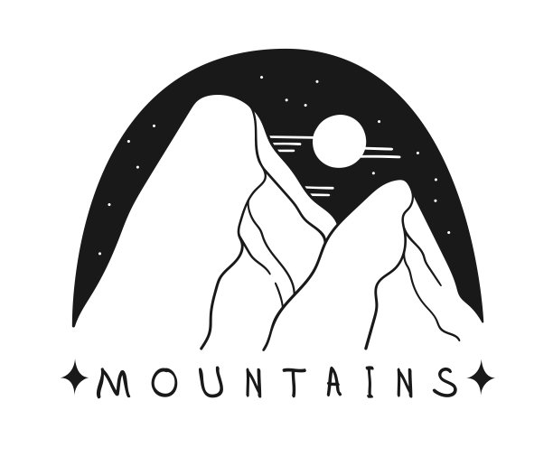 手绘山标志集。滑雪胜地矢量图标，涂鸦元素。伟大户外标志孤立，旅游标签图片下载