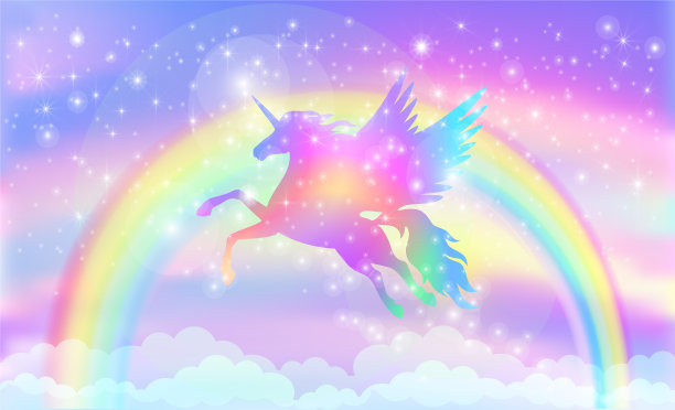 彩虹背景与有翼独角兽剪影图片下载