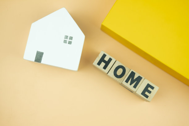 微型房屋和带有“家”字样的木块。房地产的概念。图片下载