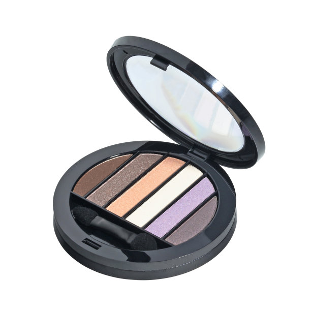 打开化妆品套与眼影和涂抹器在黑色塑料盒隔离图片下载