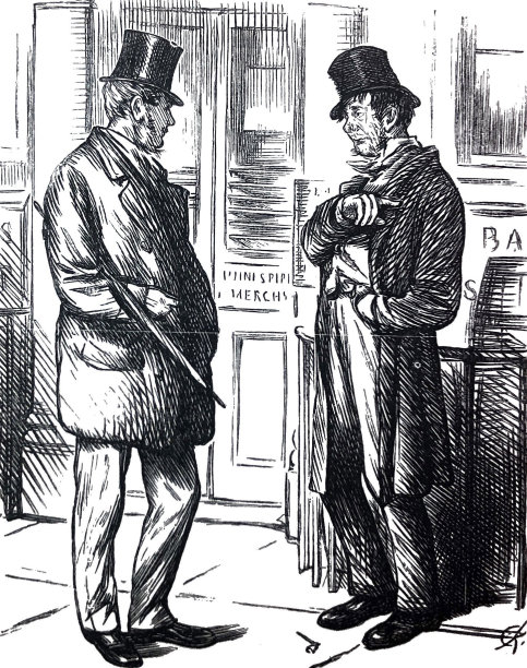 英国讽刺漫画漫画插图-两个男人戴着大礼帽站在街上聊天图片下载