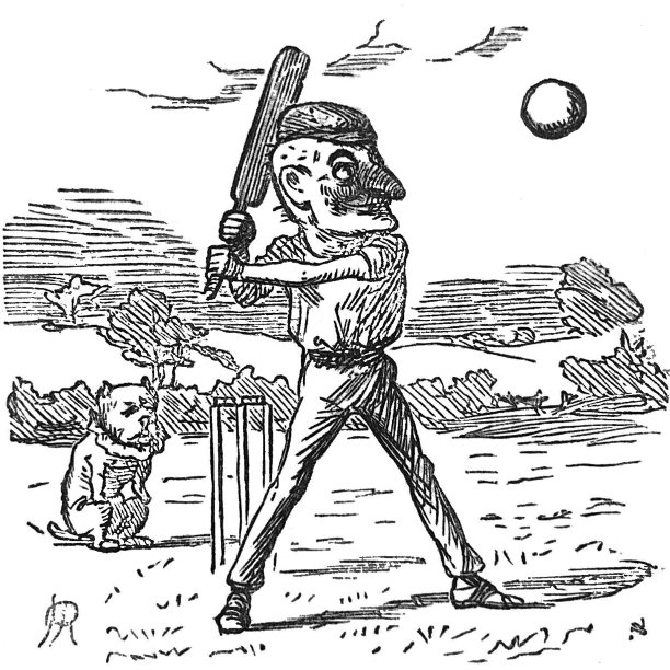 英国讽刺漫画漫画插图-一名男子挥舞着板球棒，一只狗坐在他身后图片下载