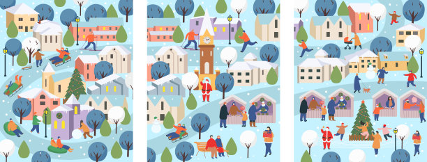 冬天的城市里挤满了人。Ð在公园里过圣诞节。冬天的一大群人。人们散步，滑冰，滑雪，堆雪人，散步。平面卡通矢量插图图片下载