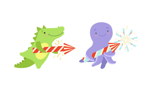 可爱的动物和烟花一起享受节日图片下载