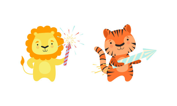 可爱的动物和烟花一起享受节日图片下载