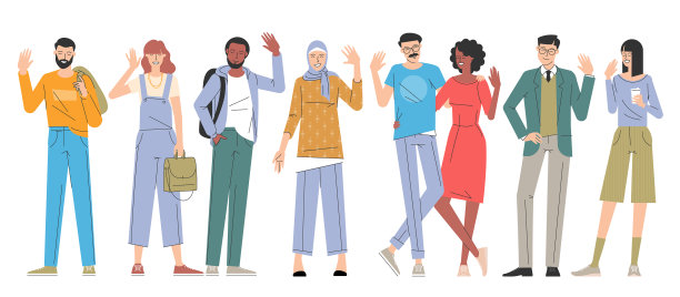 年轻的男人和女人正在和角色打招呼图片下载