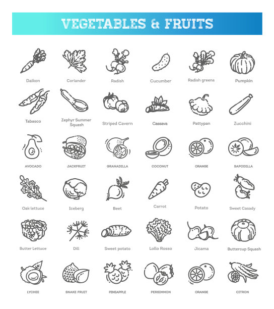 新鲜水果和蔬菜图标集合图片下载
