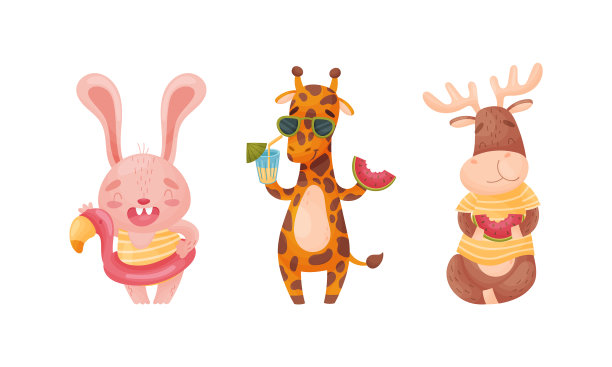 卡通动物喝着鸡尾酒吃着东西图片下载