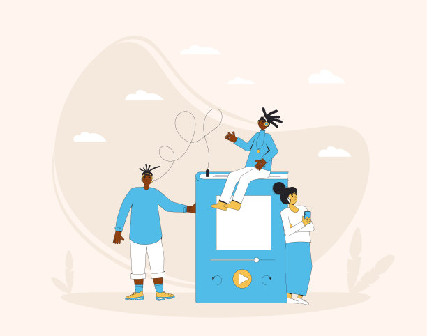 听有声读物的年轻人。青少年和巨大的书与教育应用。矢量插图图片下载