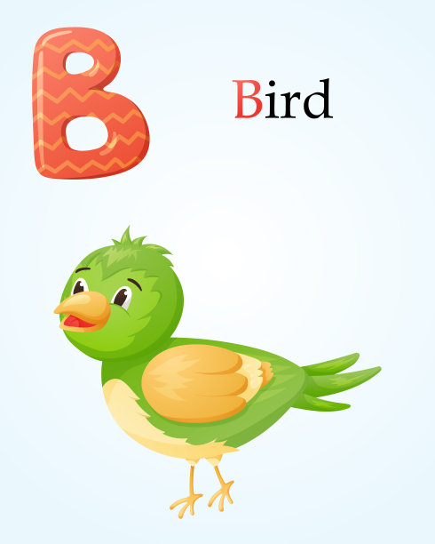 带有字母B和小鸟卡通形象的幼稚旗帜模板。图片下载