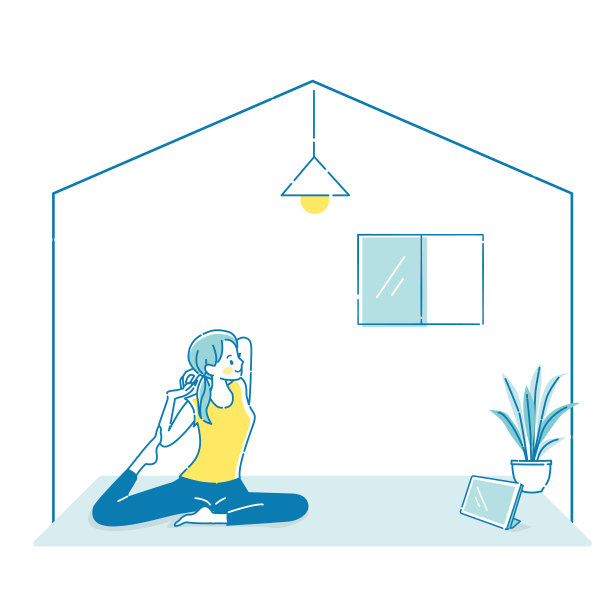 一名年轻女子一边做瑜伽一边看着平板电脑图片下载