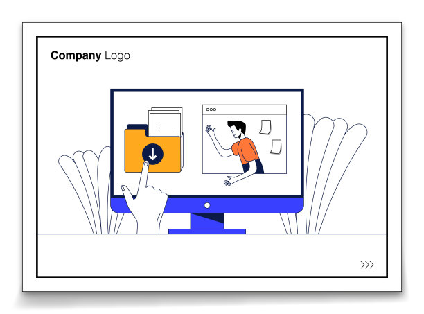 现代平面设计理念，手按文件下载按钮与在线对话。图片下载