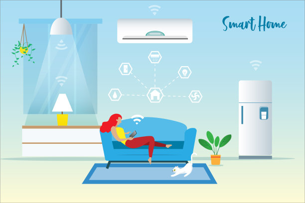 女性通过数字平板电脑控制智能家居设备。智能无线家居技术在线连接智能手机上的家用电子设备。图片下载