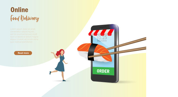 女子在智能手机上用虚拟筷子在线订购寿司。在线食品和饮料配送，图片下载