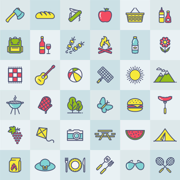 野餐和烧烤现代多彩的图标图片下载