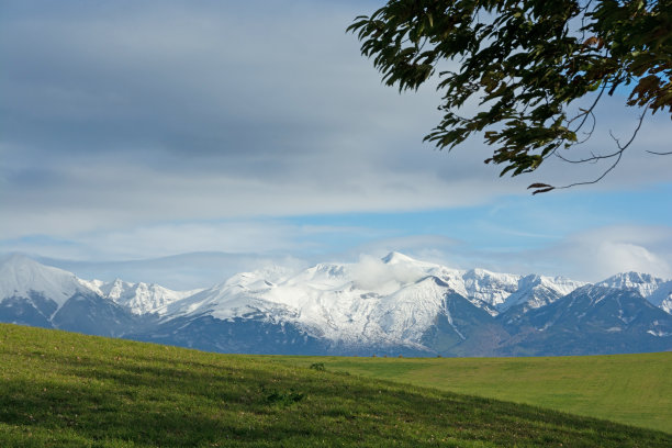 白雪皑皑的群山和翠绿的草地图片下载
