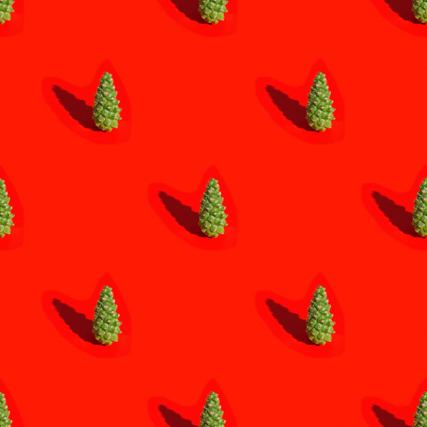 圣诞节布局与自然的绿色松果在红色的背景。新年假期无缝模式图片下载