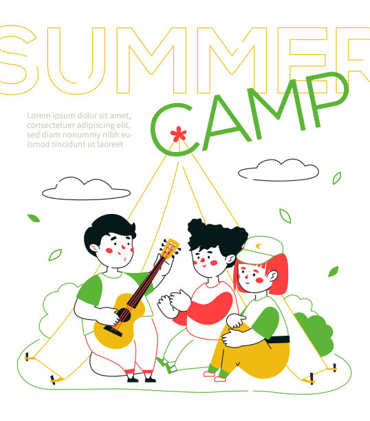 儿童野营-彩色线条设计风格图片下载