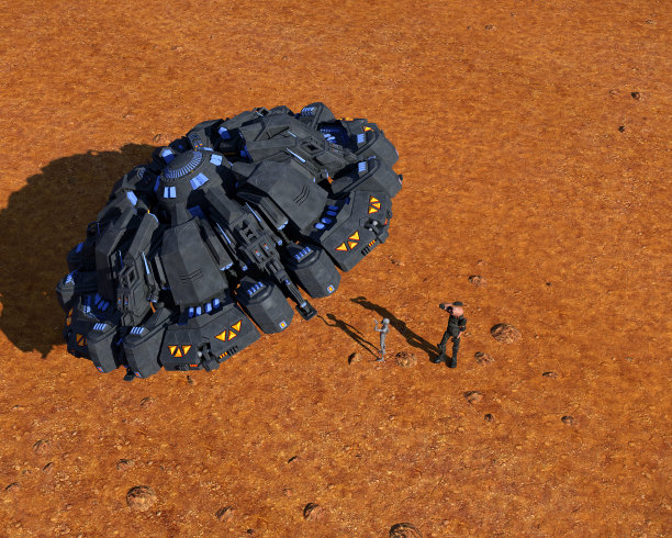 头顶上的插图，一个灰色的外星人指着一个盘旋的不明飞行物，在一个荒凉的星球上，一个男人在背后护着他的脸。图片下载