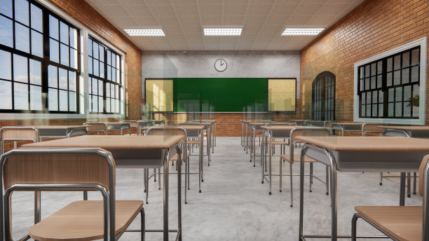 新常态教室和桌椅间距，防止新冠病毒(COVID-19)的传播。空教室是为了教和学。3 d渲染室内。图片下载